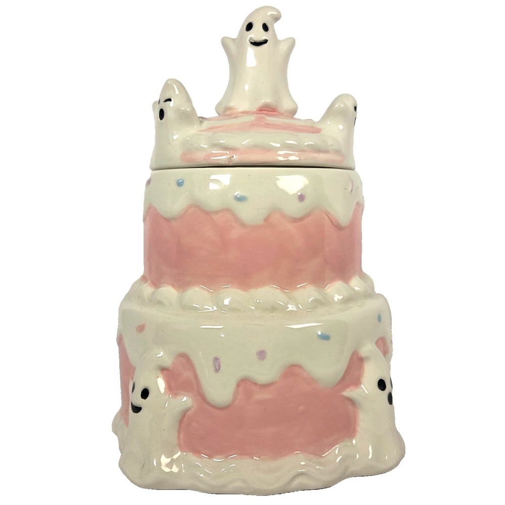 Pink Ghost Cake Cookie Jar Halloween Ceramic 10.5 Inch Spooky Pastel Decor